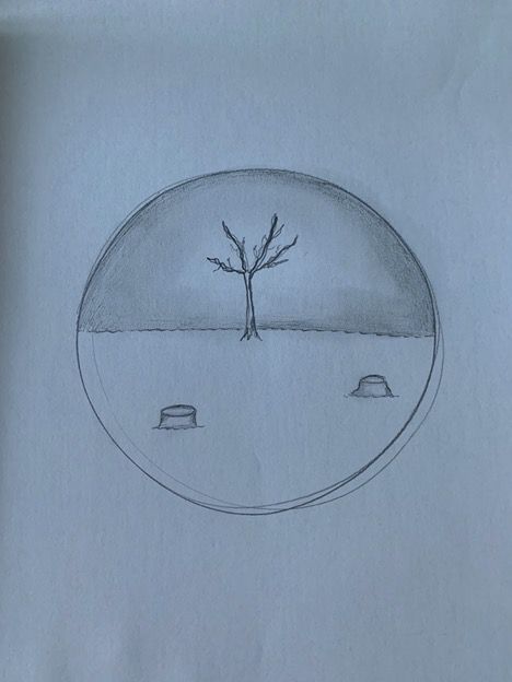 A hand drawn art piece showing a leaf-less tree in between two tree stumps.